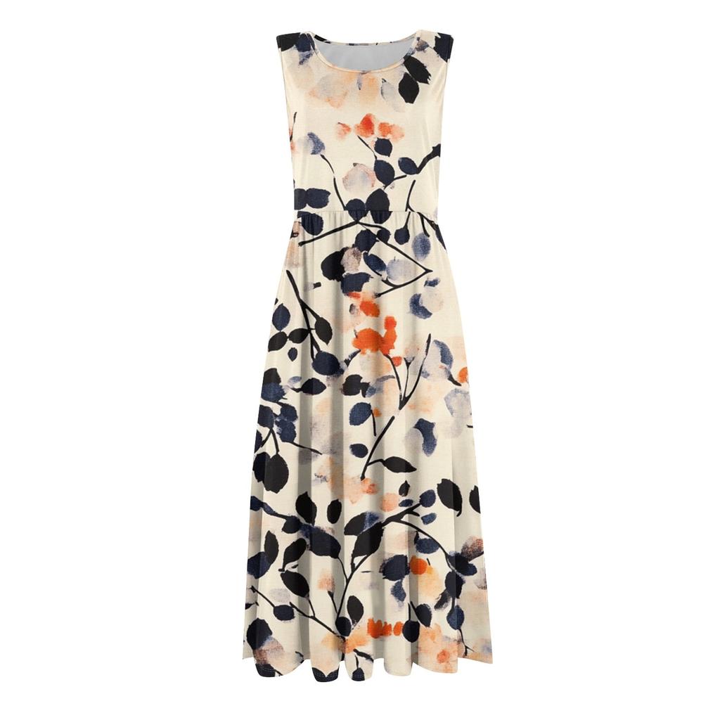 Abito casual da donna alla moda, con scollo rotondo stampato, senza maniche, con tasche, lunghezza media