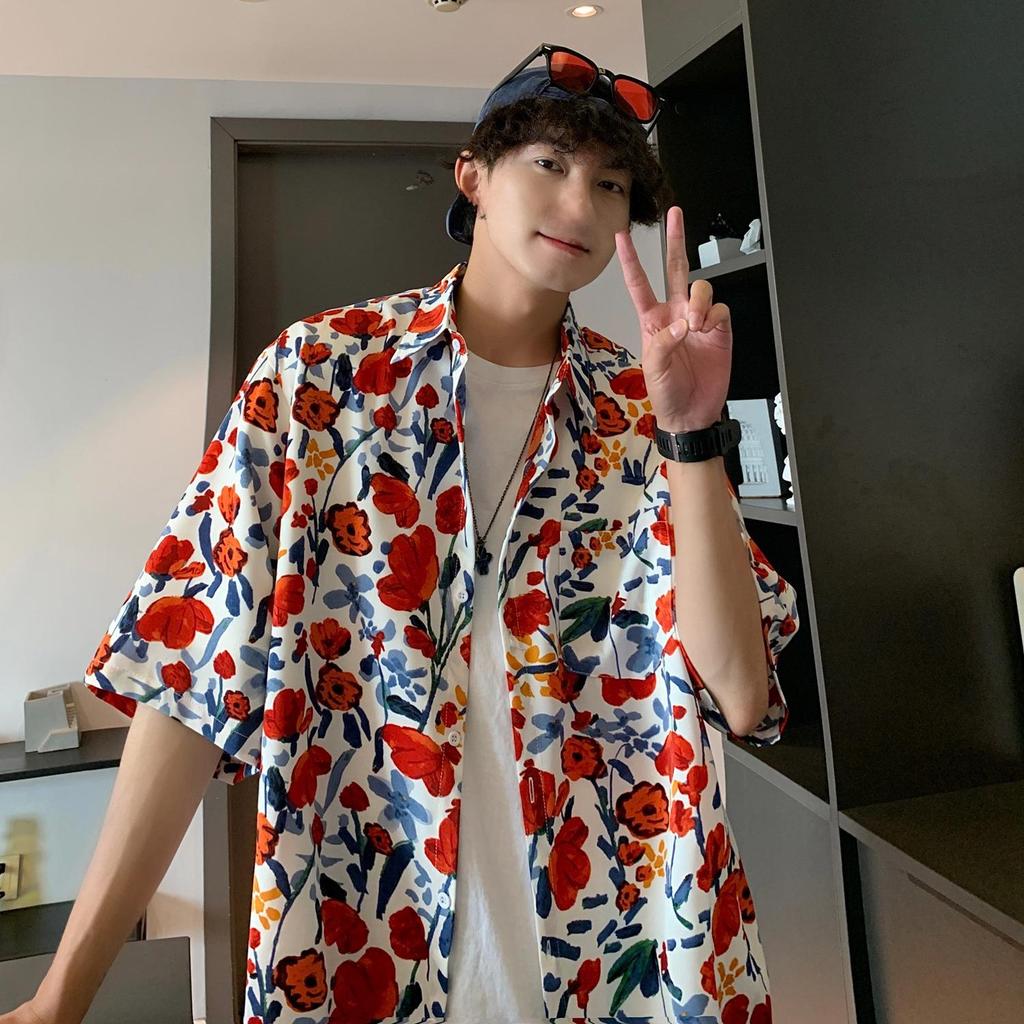Men's Hawaiian Floral Short-Sleeve Shirt - Trendy, Lightweight, High-End Hong Kong Style Design