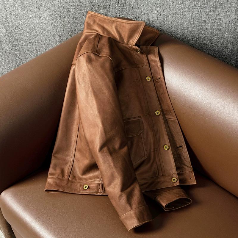 Genuine Leather Jacket Men Real Cowhide Slim Fit Short Denim Coat with Lapel for Youth