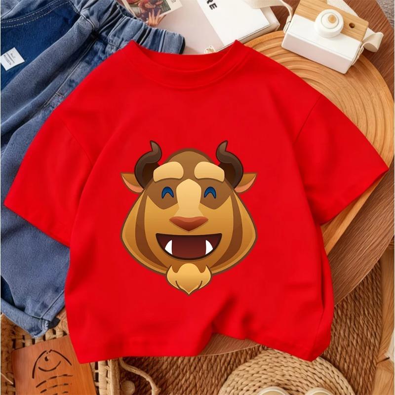 Summer Casual Everyday Children's Crew Neck T-shirt with Cute Beauty and the Beast Cartoon Print