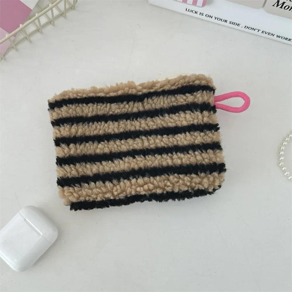 Women Plush Love Lipstick Cosmetic Storage Bag Heart Dot Stripes Leopard Print Clutch Mini Key Coin Purse ID Bag Case