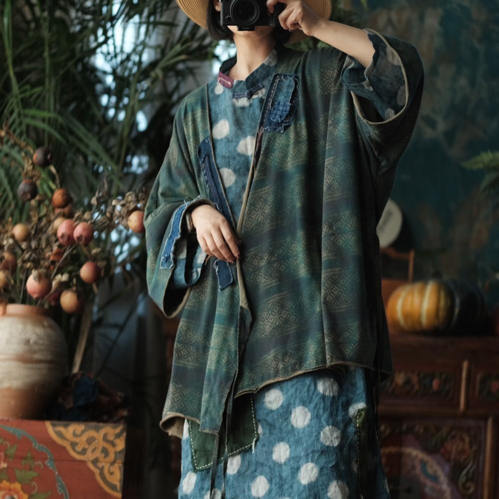 Johnature Camicie Vintage da Donna Top Primavera Stile Cinese Stampa Floreale Cintura Camicette Scollo a V Patchwork Camicie