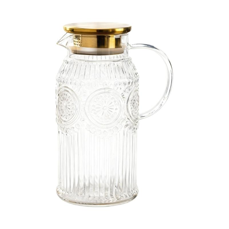 Easy to Cleaning Glass Water Pitcher with Retro Sun Pattern Lid Large Capacity for Family Gatherings and Homes Kitchen Use