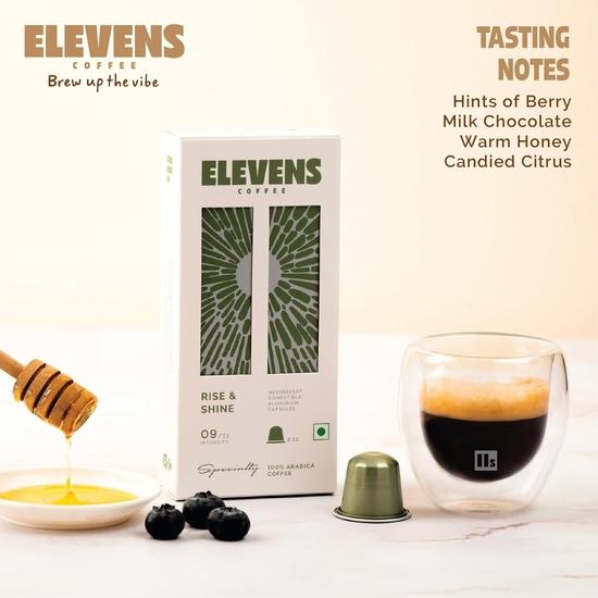 ELEVENS COFFEE | Rise & Shine | Specialty Coffee Capsules | 100% Arabica | 11 Aluminium Coffee Pods (10 + 1) | Dark Roast | Intensity 9