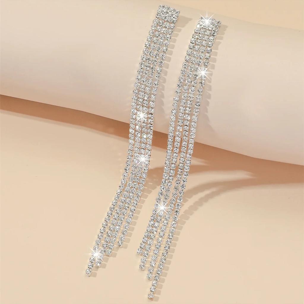 Boucles d'oreilles longues à pampilles en cristal strass brillant 4 lignes pour femmes mariage fête pendantes pendantes mariée brincos