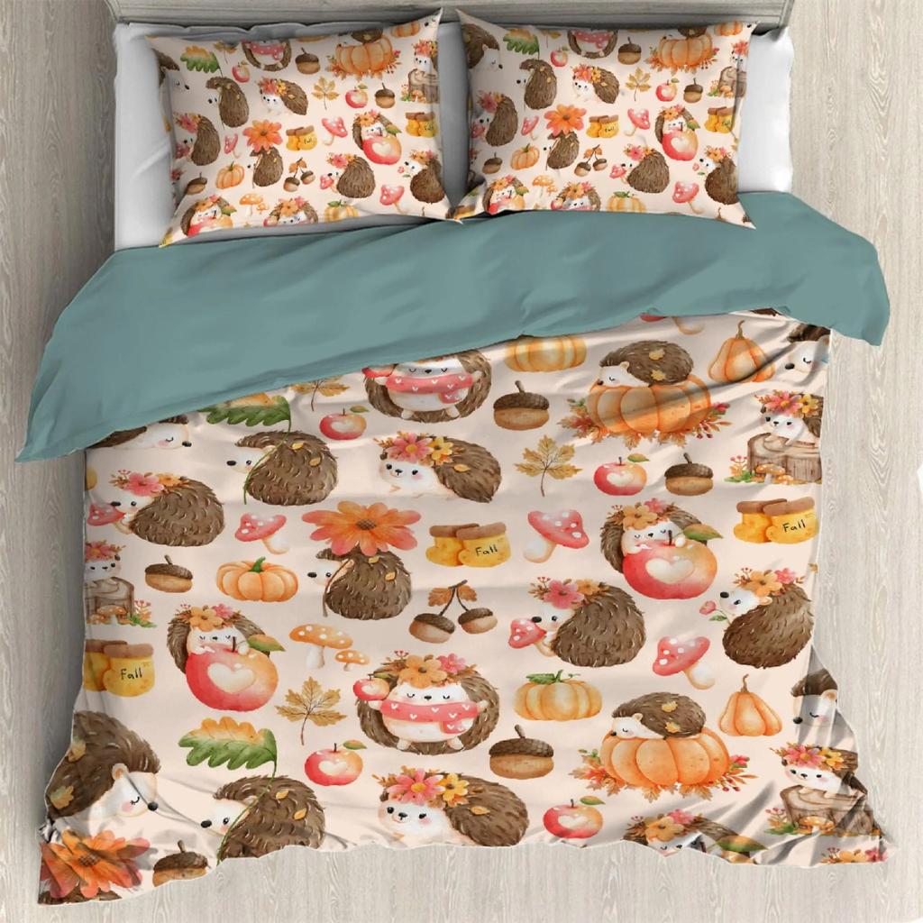 Thanksgiving Fall Pumpkin Maple Leaves Duvet Cover with 2 Pillow Shams 3pcs Comforter Cover Bedding Set All-Season Room Decor