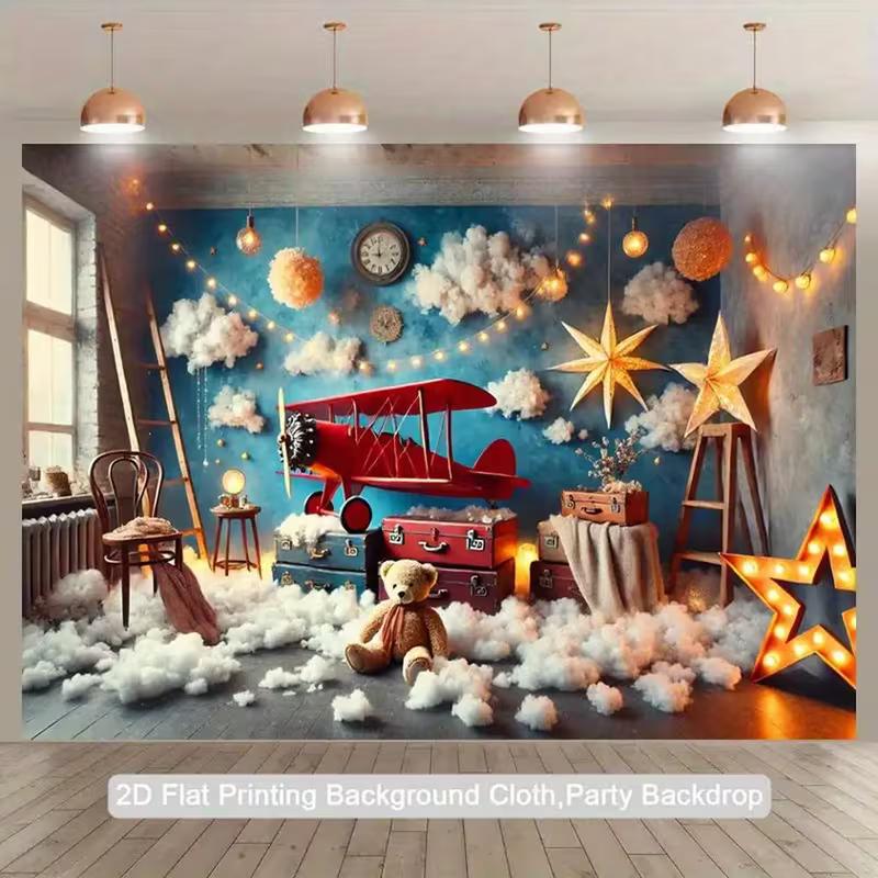 

2D Vintage Red Airplane Teddy Bear Backdrop Kids Nursery Photography Background 47.2x31.5inch/120*80cm
