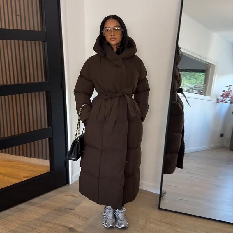 Giacca Lunga Chic da Donna in Cotone con Cappuccio Moda Manica Lunga con Zip Cintura Vita Oversize Cappotto Lady Inverno 2025 Caldo Capospalla