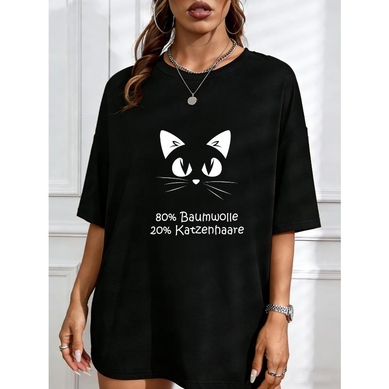 White Cotton T Shirt With Cat Face Print And Text For Casual Wear S чёрный
