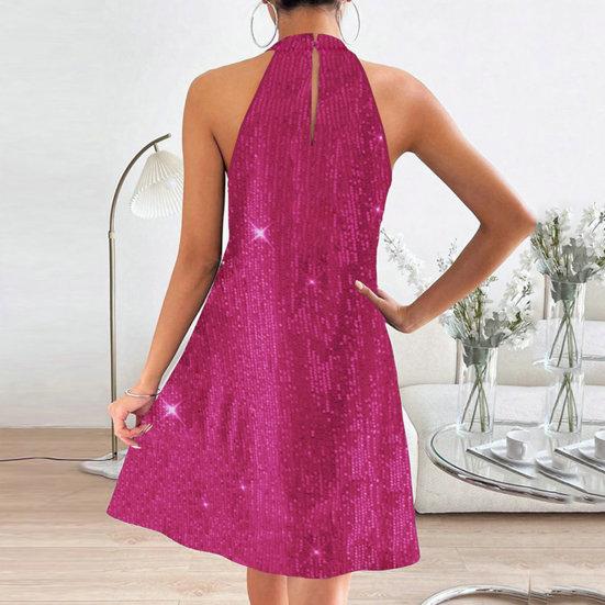 Ladies Dress Shiny Sequin Off Shoulder Sleeveless Cross Halter Neck Loose A Line Loose Hem Solid Color Mini Dress Party Prom Evening Dress