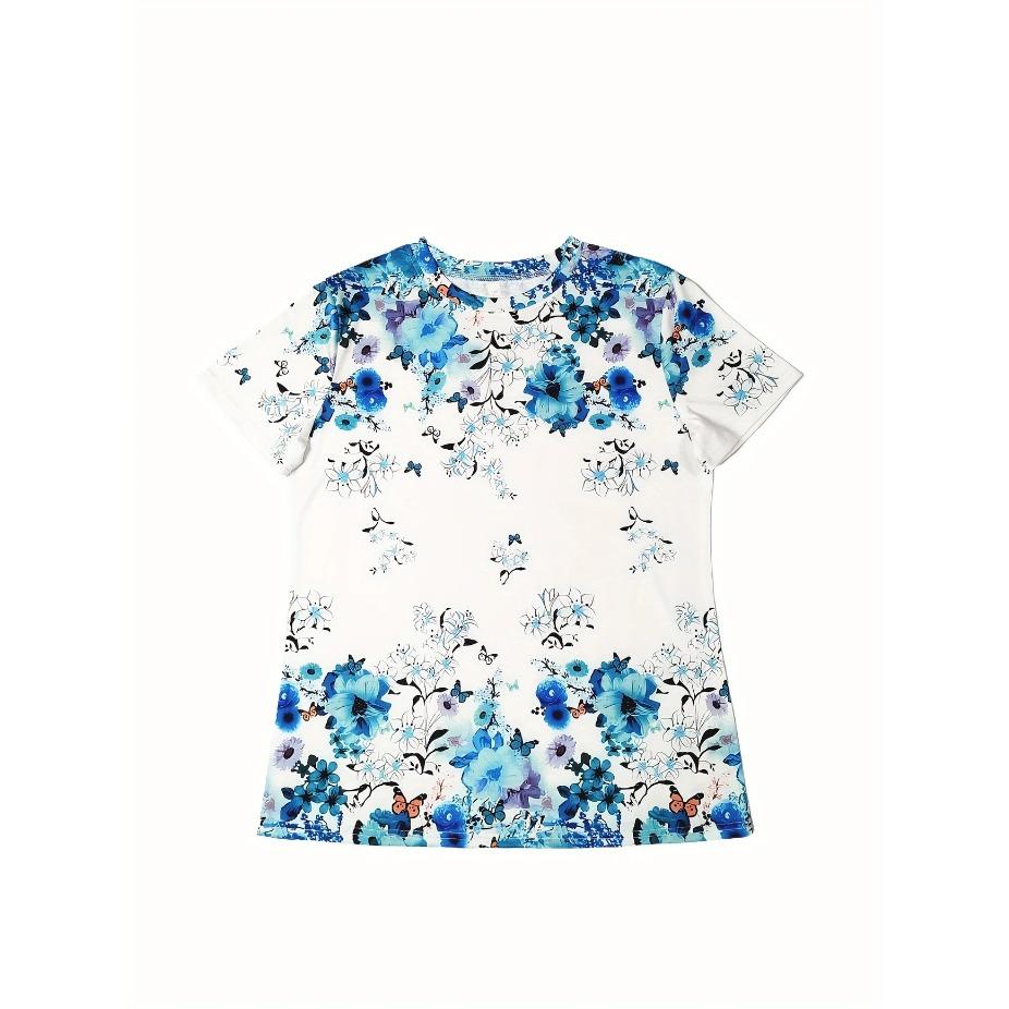 Women's Elegant Rose Print T-Shirt Crew Neck Top with Slight Stretch Fabric, Vibrant Floral All-Season Comfort Fit, Ladies T Shirts, Casual Wear