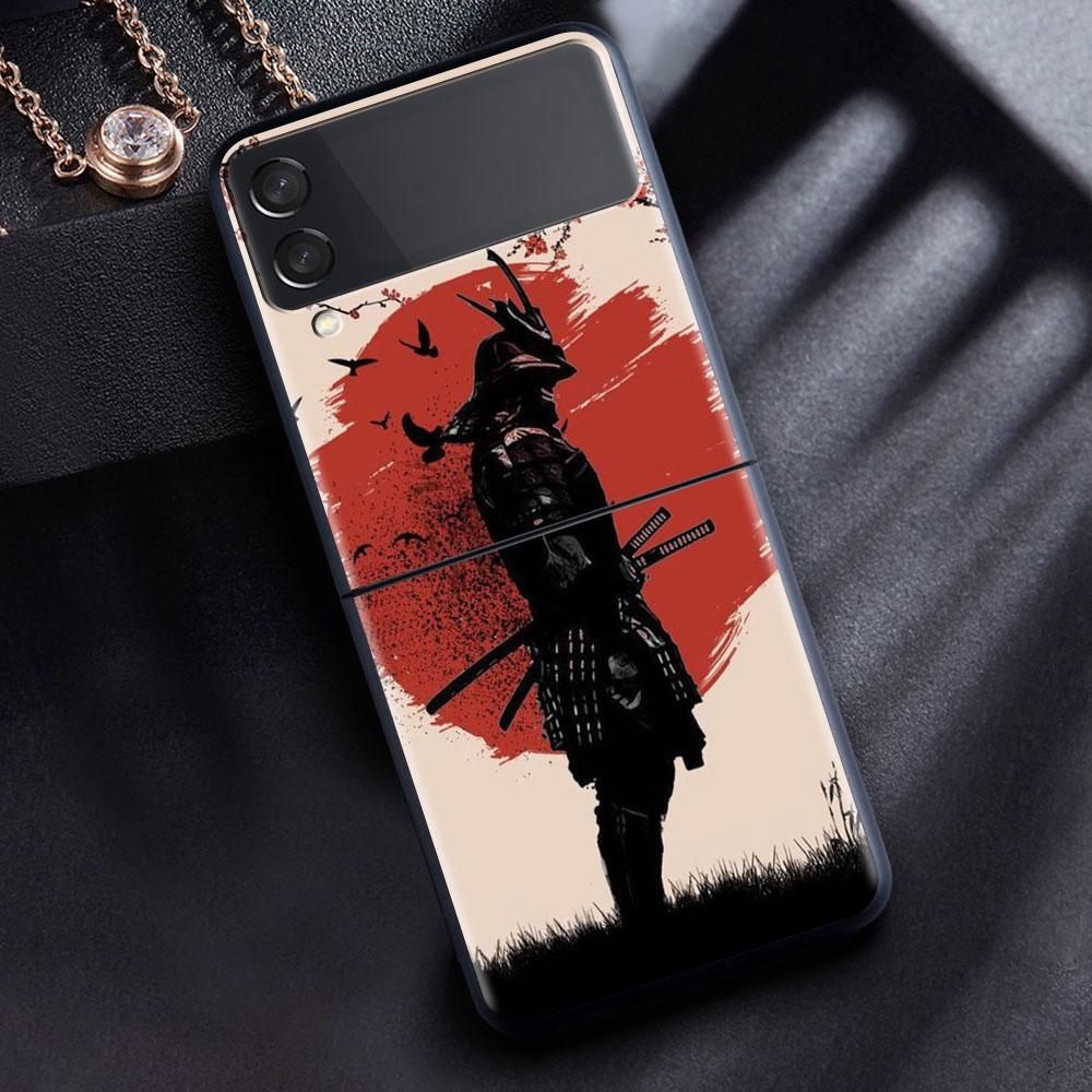 Case For Samsung Galaxy Z Flip 3 4 5G Black Hard PC Phone Housing Z Flip4 Segmented Cover Landscape Ink Painting Japan Samurai