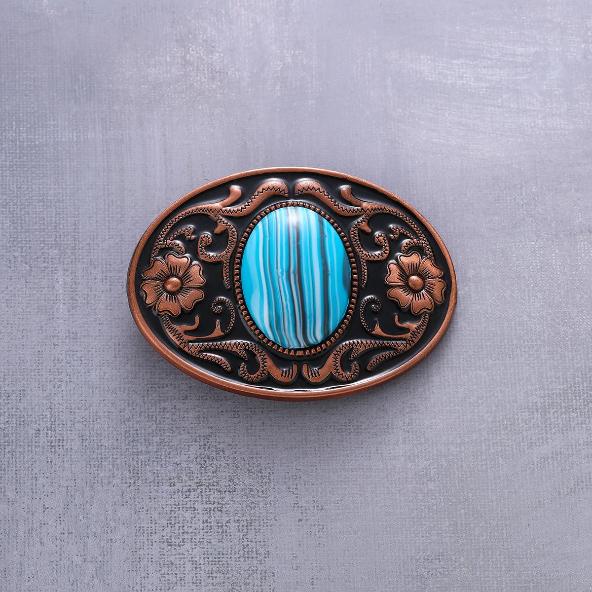 Westerse Retro Gesneden Oud Blik Oud Rood Koper Ingelegd Edelsteen Vorm Gedrukt Riemgesp Hoofd Accessoires