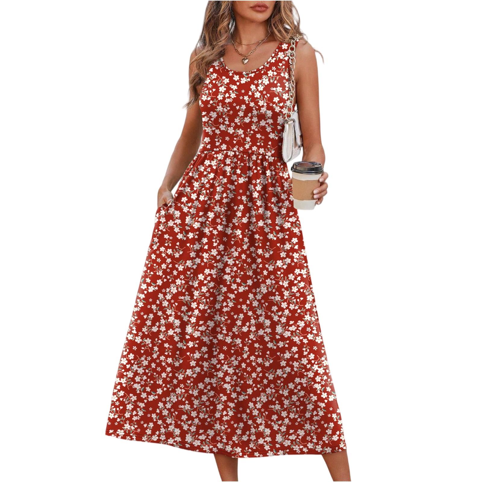 

Summer Dresses For Women Flowy Casual Midi Dress Beach Vacation Sundresses With Pockets XL винний