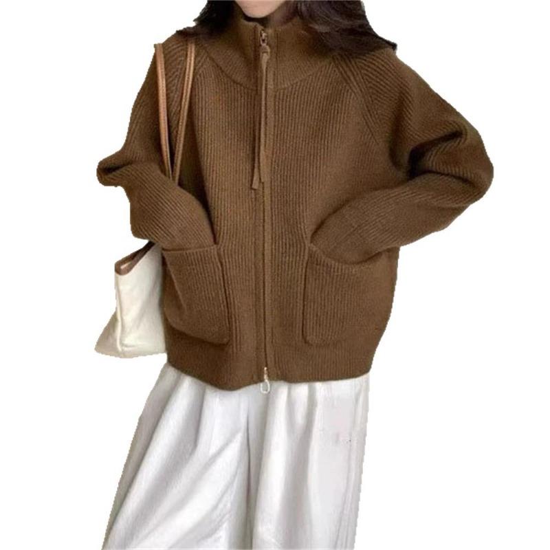 Simple Casual Stand-up Collar Double Zipper Knitted Cardigan Women's Autumn and Winter New Loose Lazy Versatile Sweater Jacket