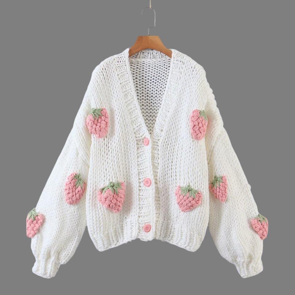 

Women s V-neck Lantern Sleeve Strawberry Decorative Jacket Spring and Autumn Sweater S