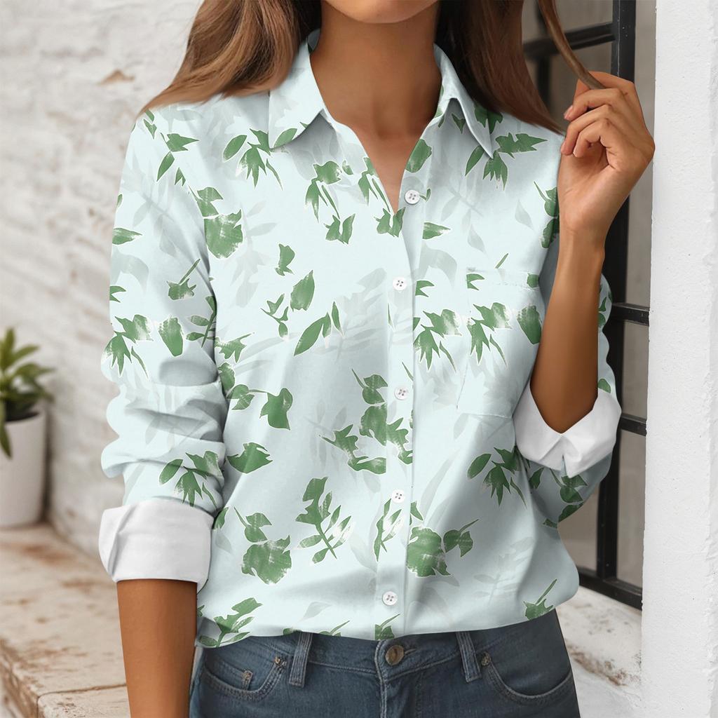 Women's Button Down Prints Shirt Long Sleeve Shirt Business Work Tops Casual With Pockets Jacket