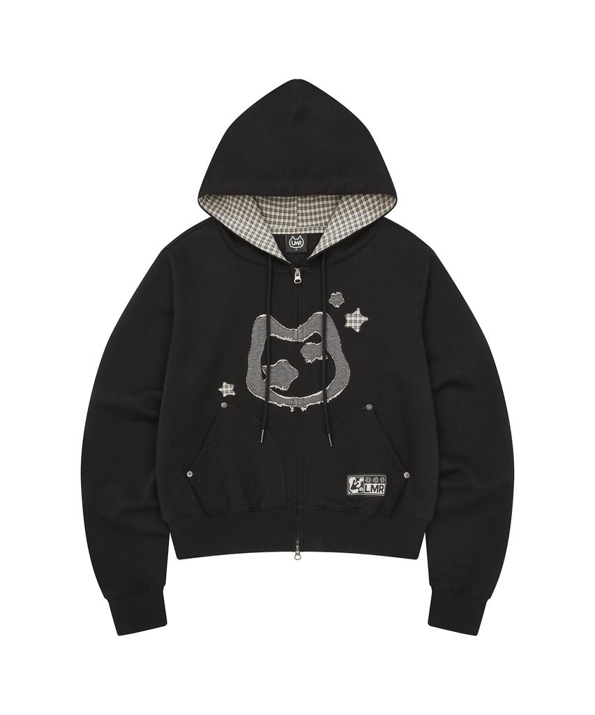 Lmr Cat Symbol Patchwork Crop Zip-Up Hoodie Black