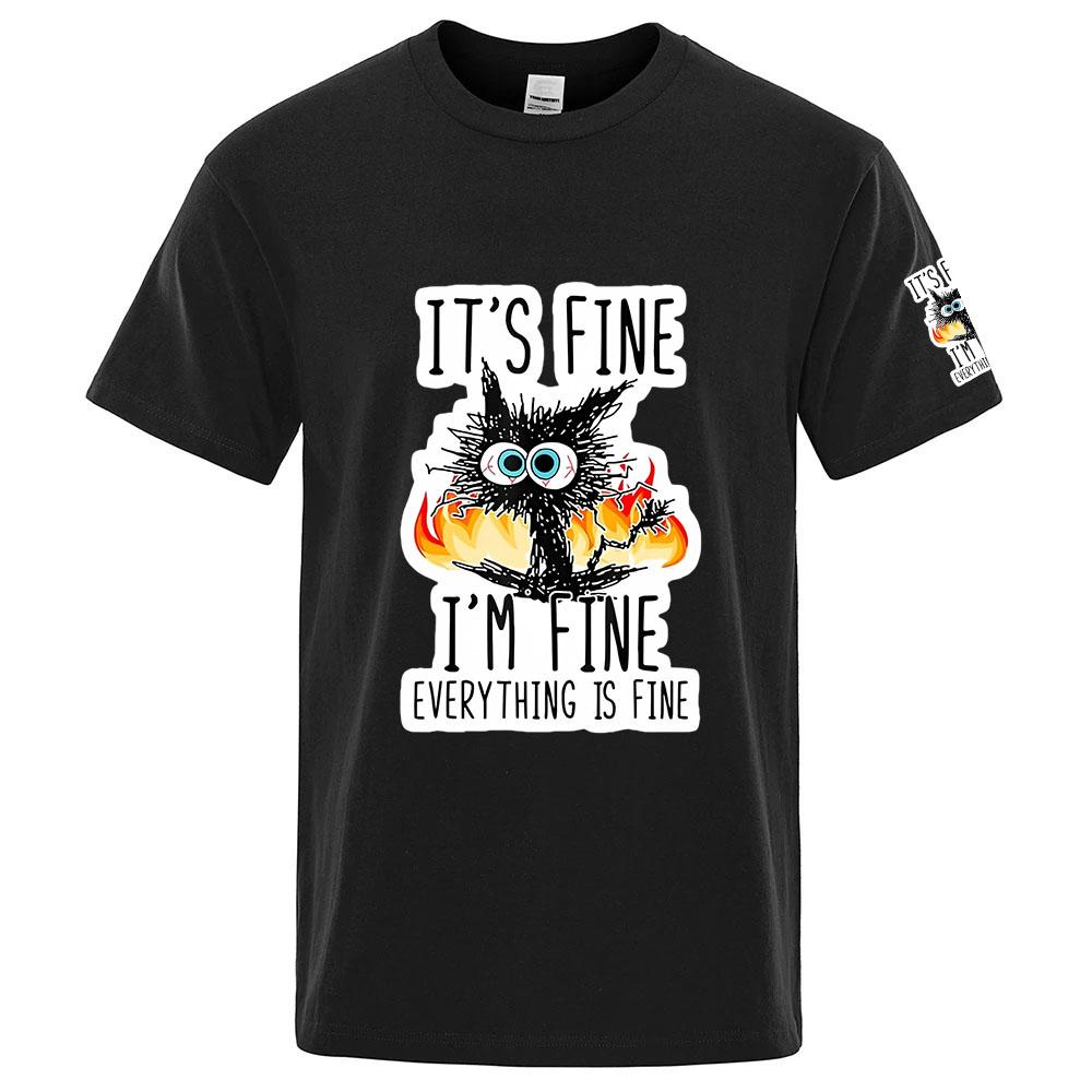 Funny Cool Cat 2025 Unisexs Everything Is Fine Logo Print Summer Refreshing and Non Stick To the Body Round Neck Tshirt