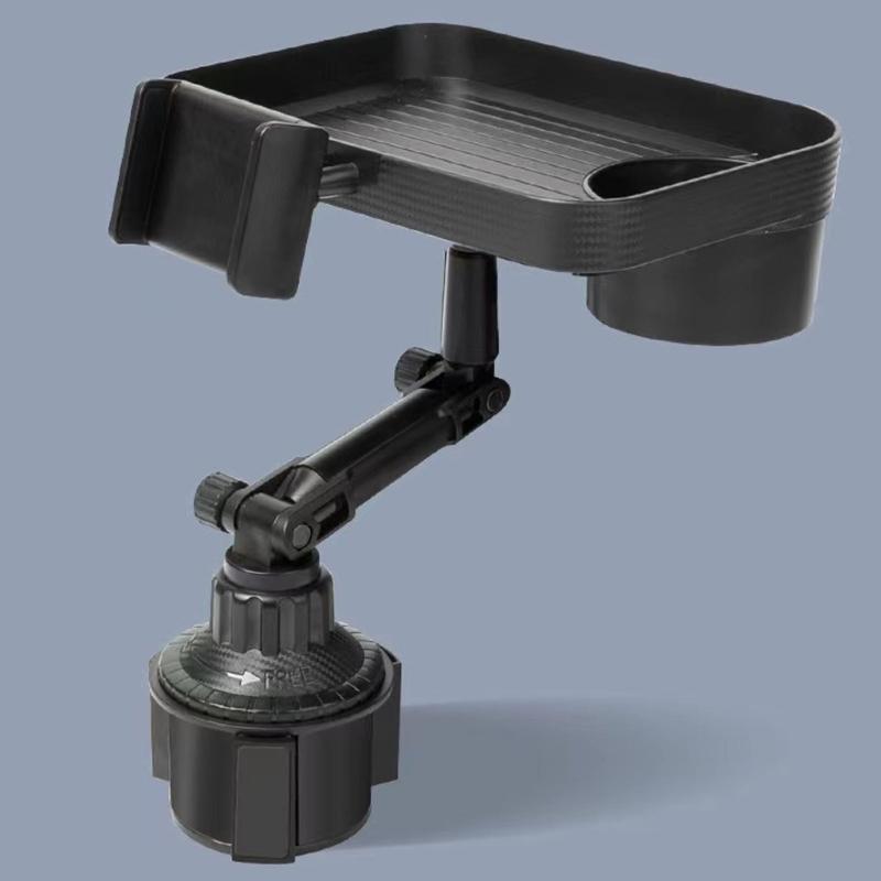 Universelles Fahrzeugzubehör mit integrierter Handyhalterung, drehbarem Getränkehalter und Ablagefach für bequeme Navigation