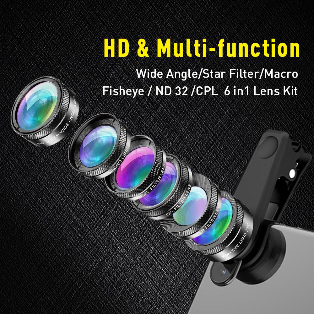 Universal 6-in-1 Mobile Lens Set: Fisheye, Wide-angle, Macro, Telephoto, Polarizing, Starlight.