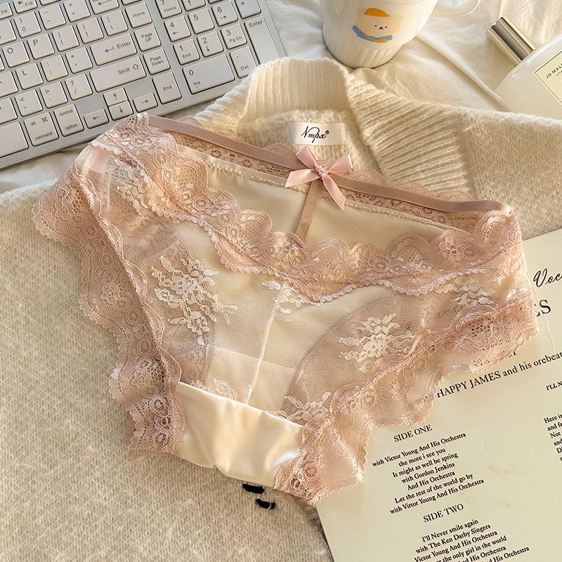 French Lace Satin Low-Waist Sexy Panties for Women with Cotton Crotch, Breathable and Stylish Design