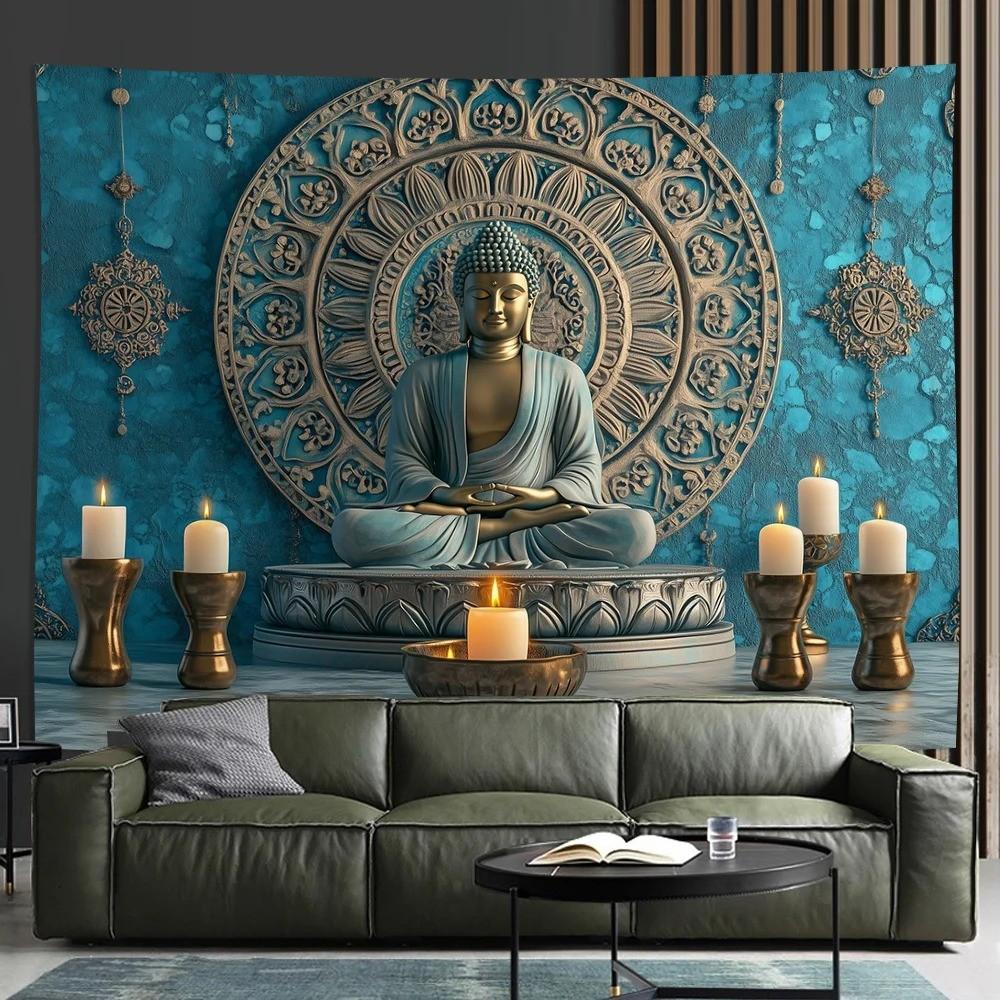 Zen Buddha Tapestry Wall Hanging Lotus Mandala Meditation Room Decor Bohemian Polyester Fabric Wall Art Bedroom