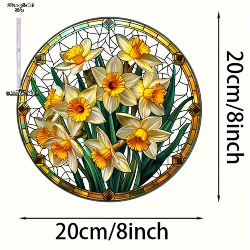 2D Flat Acrylic Garden Round Wall Hanging Decoration Sign, Daffodil Spring Sun Catcher, Nurseries, Vintage Home Decor Wall for Bar Kitchen