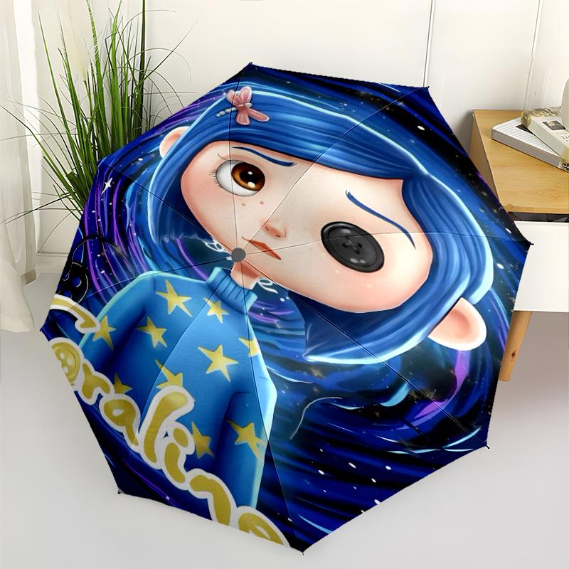 Coraline Print Automatic Umbrella, 8 Rib Iron Frame, Plastic Handle, Suitable for Outdoor Travel &Daily , Ideal Gift