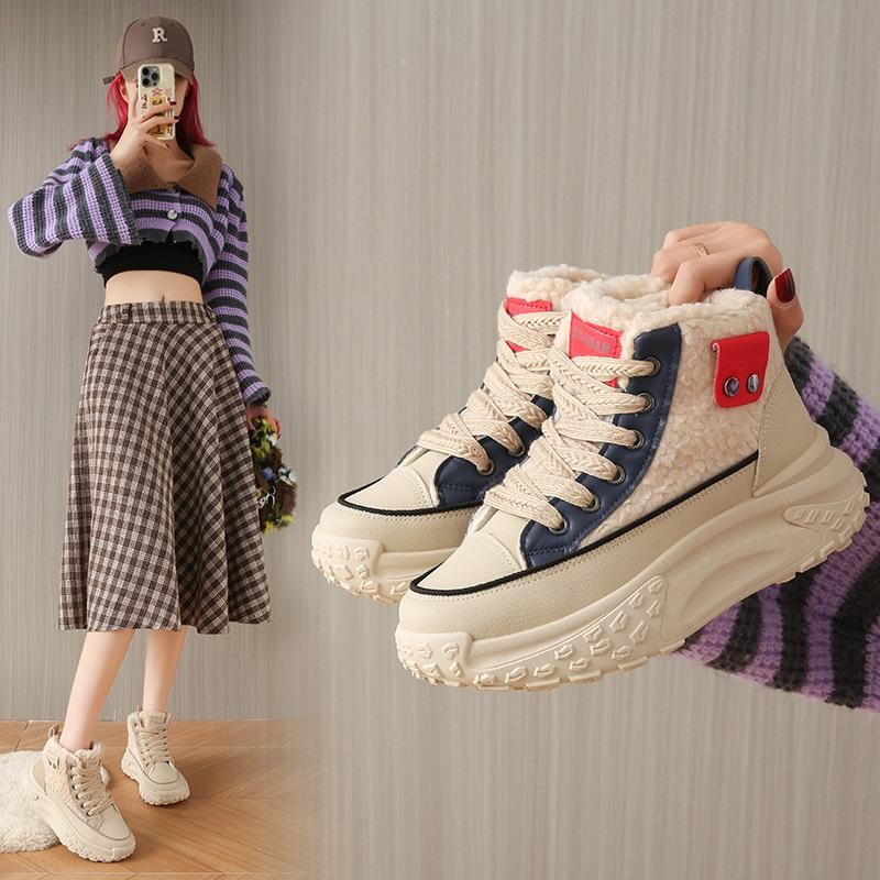 Women's Winter Fashion Casual Trend With Plush Insulation High Top And Height Increasing White Shoes