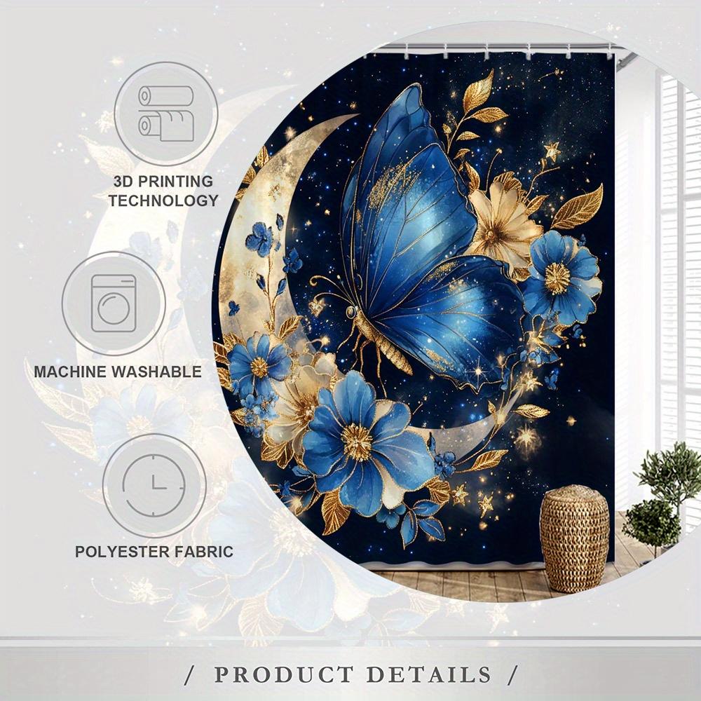 1Pc Celestial Fantasy Art Shower Curtain - Blue Butterfly With Golden Accents On Crescent Moon And Blue Flowers, Polyester Fabri