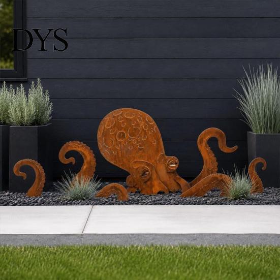 Octopus Garden Ornament Rust Patina Giant Squid Sculpture, 3D Metal Nautical Outdoor Marine Themed Decor Statue for Patio Lawn Beach House Decor,