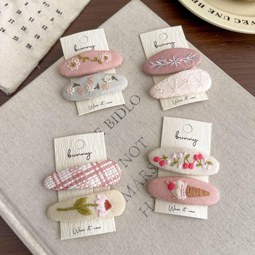 Oval Fabric Embroidery Hair Clip 2Pcs/set Children's Hair Accessories Princess