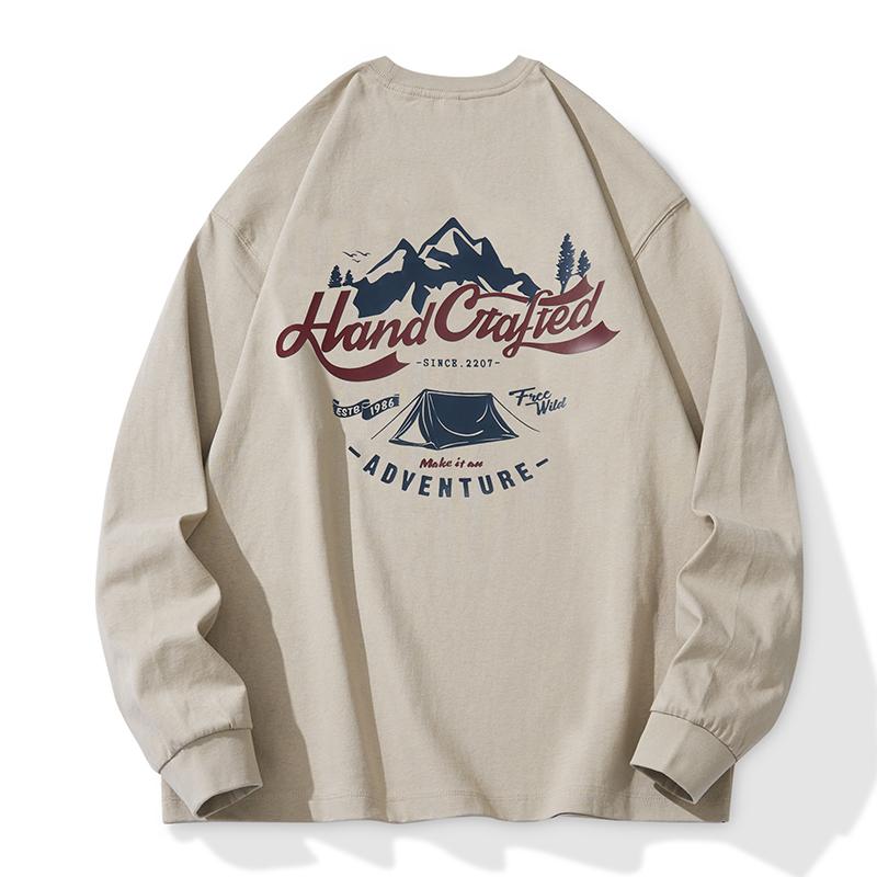 American Retro Outdoor Mountain Printing Long-Sleeved T-Shirt Men'S Autumn Pure Cotton Bottoming Shirt Loose Trendy Sweater