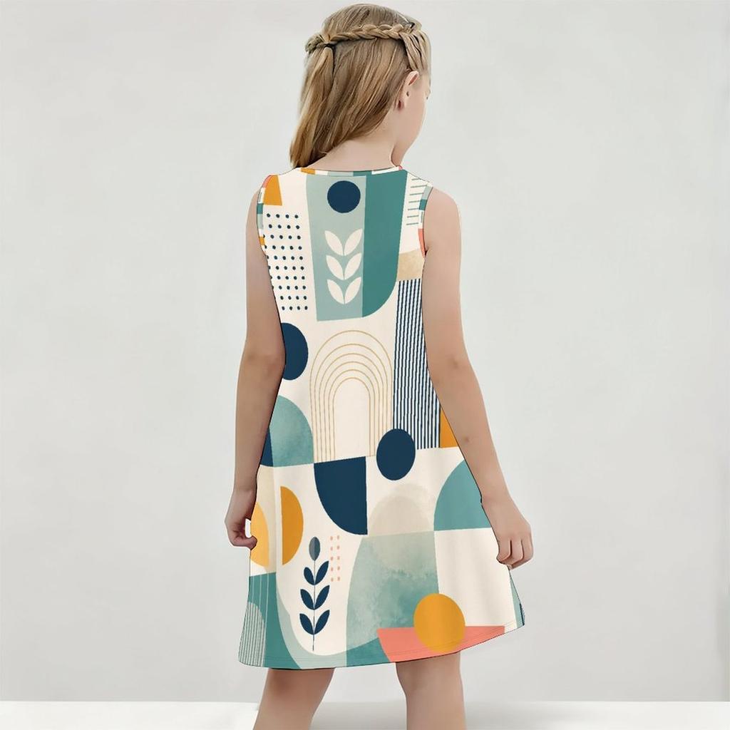 Little Girls Round Neck Sleeveless Geometric Printed A Line Flared Dress