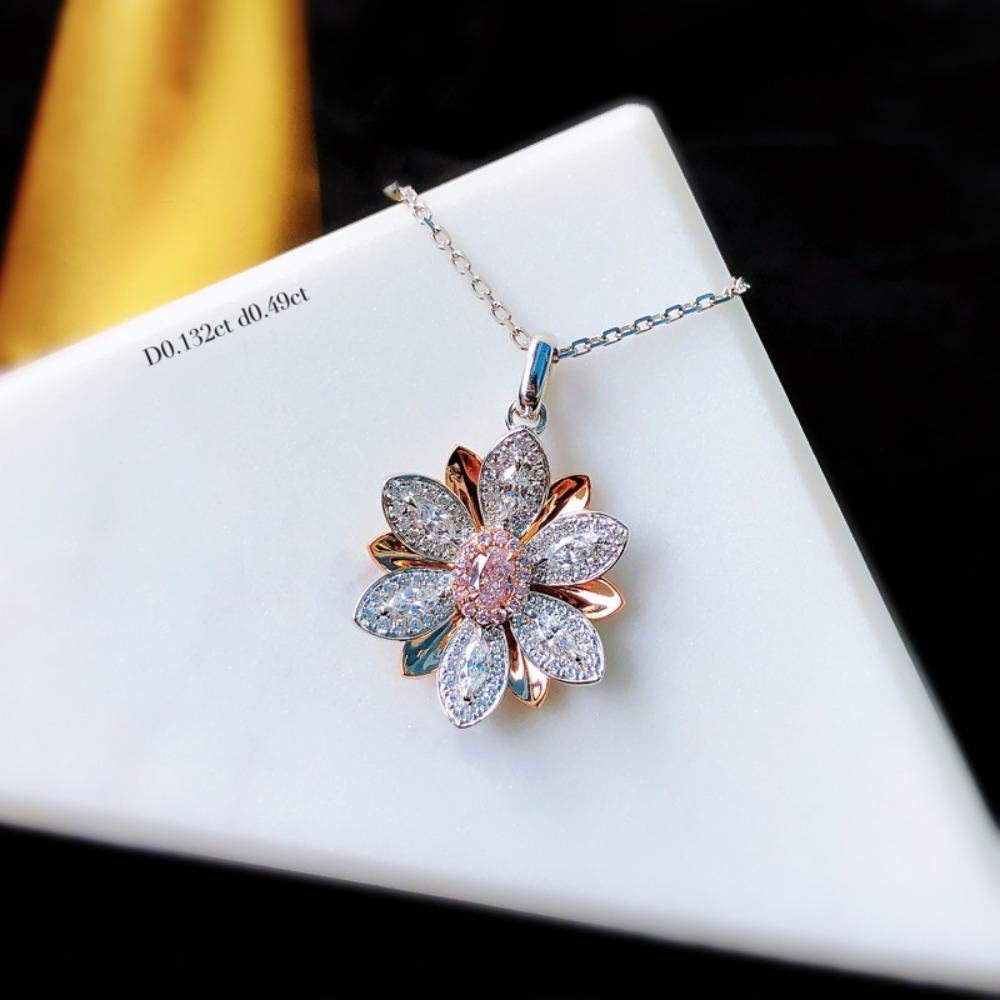 Spring Lotus Pink Diamond Jewelry Set for Women Open Ring Pendant Earrings Necklace