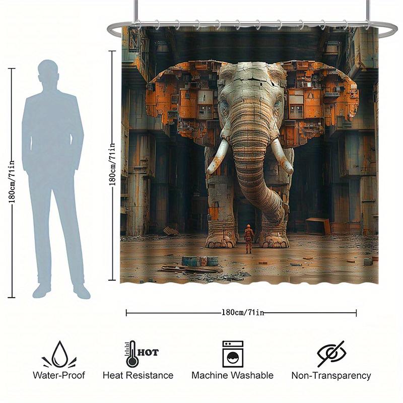 Rustic Elephant Bath Curtain Set, Abandoned Factory Theme, Water-Resistant Polyester, , All-Season Decor, Modern Home Bathroom