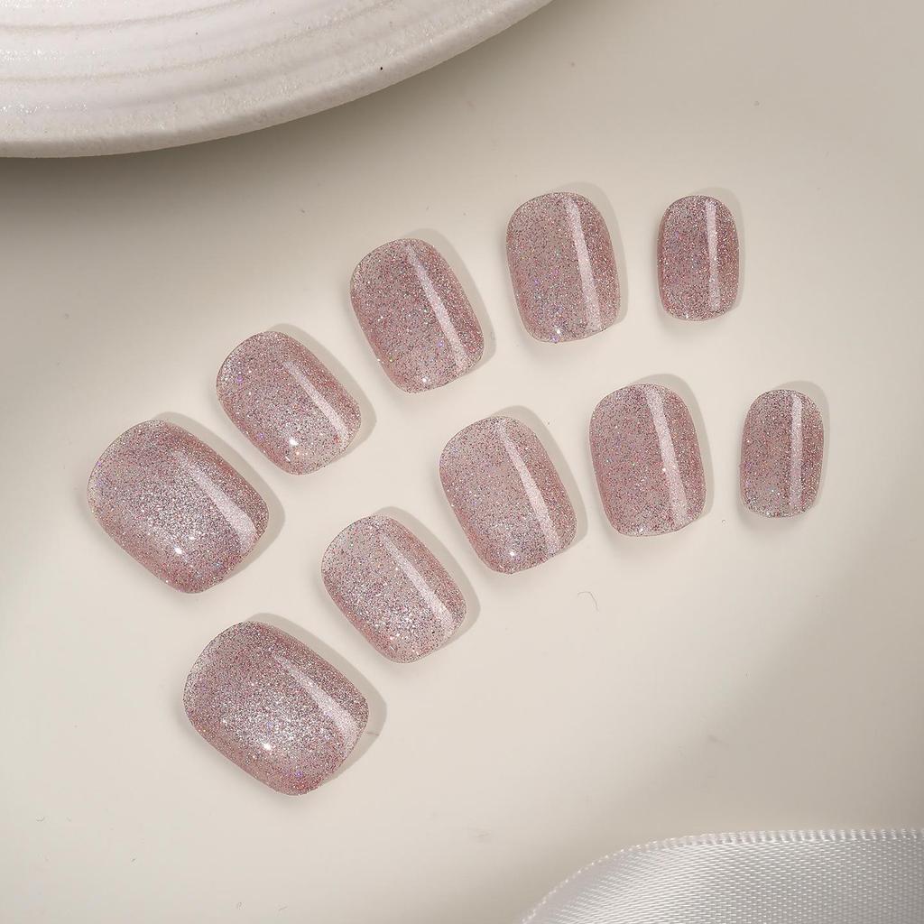 Zhuo Shi Mei Pink Sparkle Handmade Wearable Nails - Luxurious Removable Whitening Nail Stickers for Elegant Nail Art