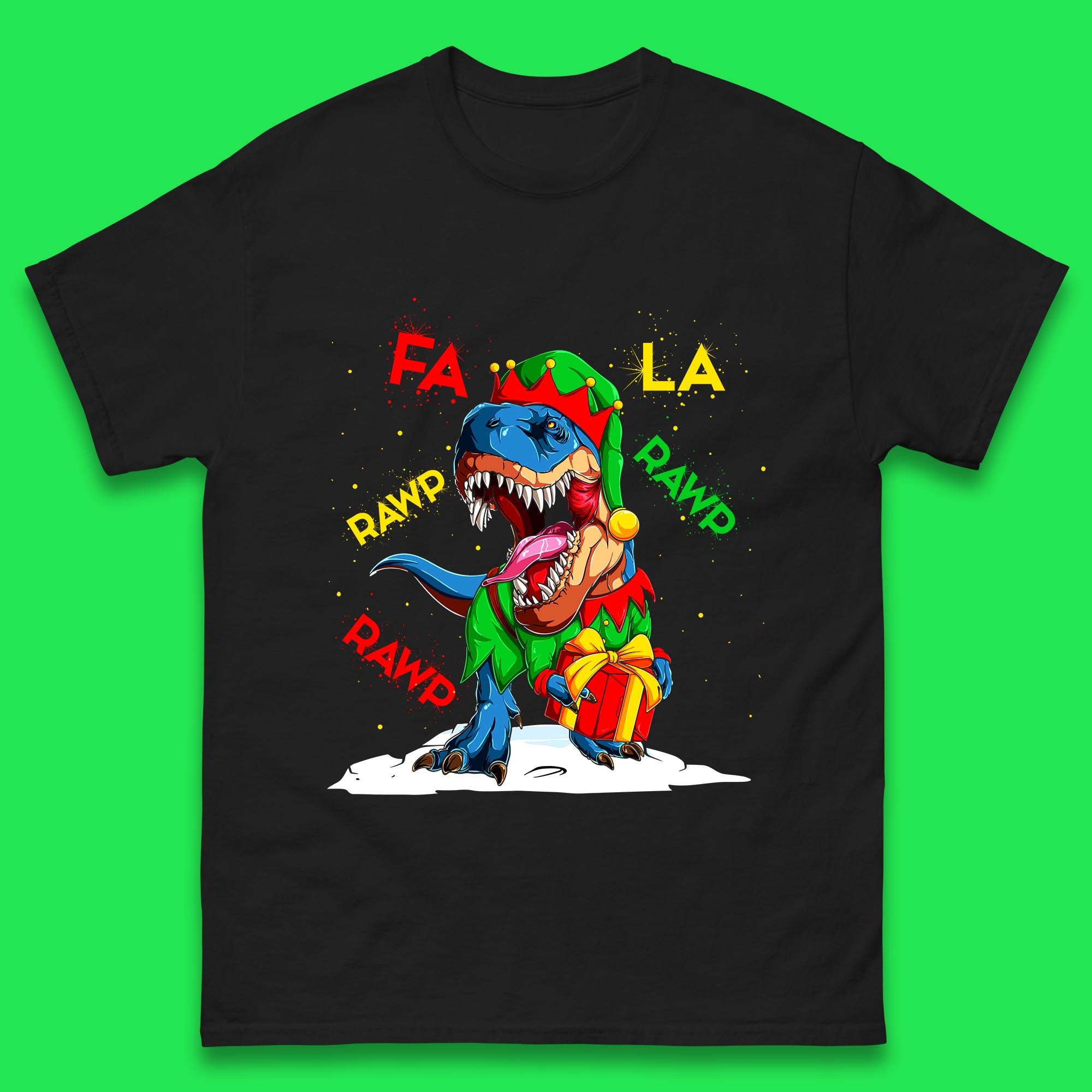 

Fa La Rawr Rawr Christmas Dinosaur Elf Costume Mens T Shirt Womens Tops Tees XL