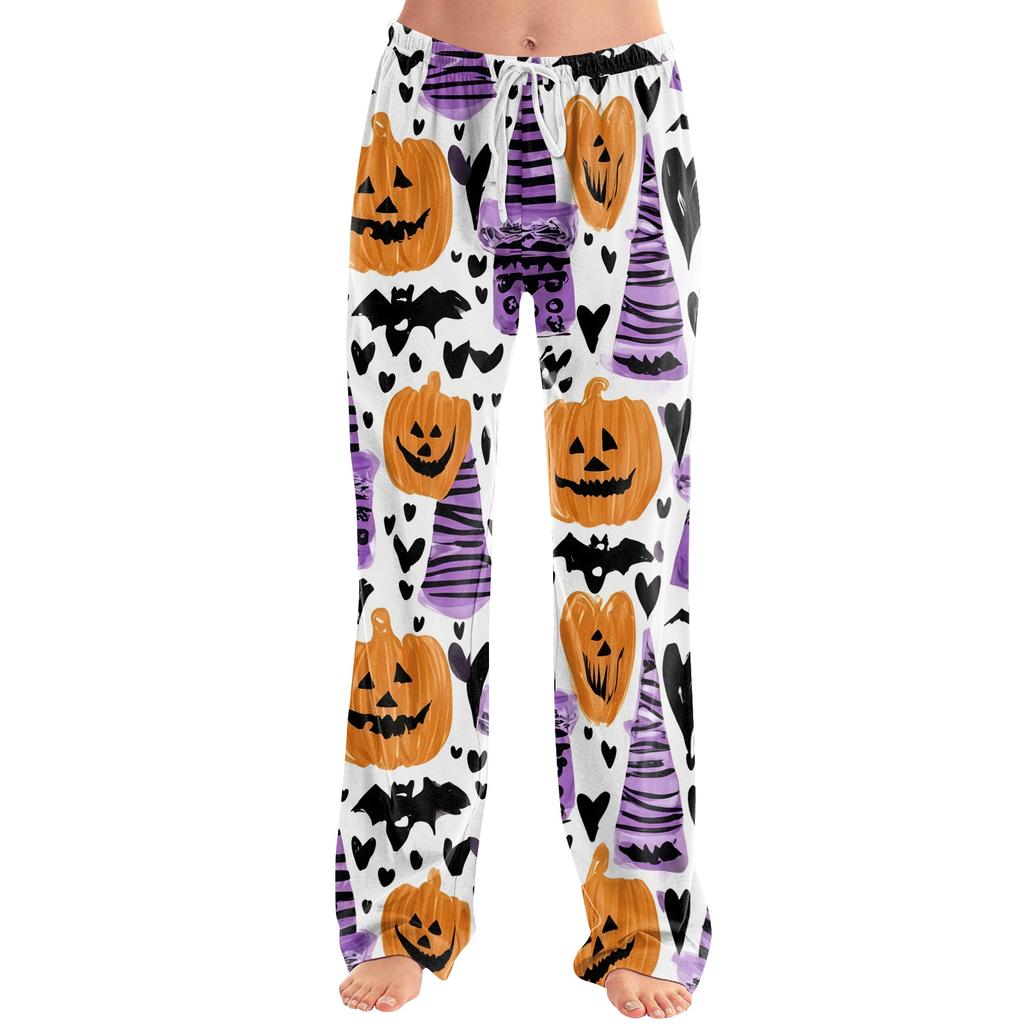Women's Drawstring Lounge Pants Halloween Print Casual Loose Fit Full Length Elastic Waistband Pajama Bottoms
