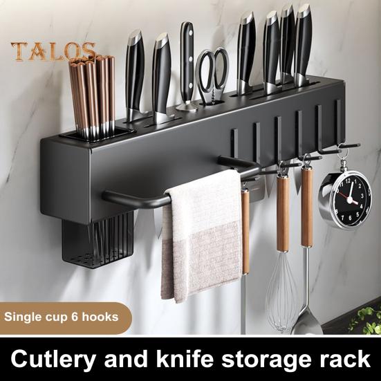 Kitchen Cutlery Holder Wall Mounted Cutter Holder with Hooks Carbon Steel Cutter Storage Rack for Spoon Chopsticks Rust-Resistant Kitchen Utensil