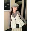 Kumikumi Gray Long sleeve Knit Stacked White Cami Women Autumn Loose Casual Pants Three-Piece Set