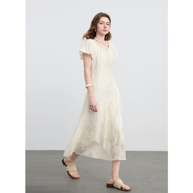 San Cai Women's Lyocell Embroidered Puff Sleeve A-Line Maxi Dress