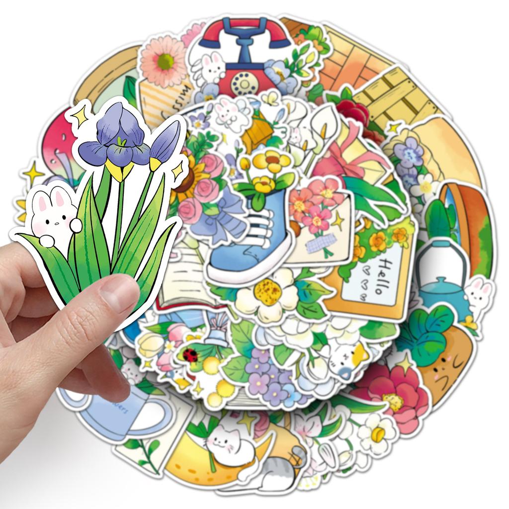 50 Flower Story Graffiti Stickers Cartoon Fresh Hand-drawn Flowers Decoration Mobile Notebook Stickers