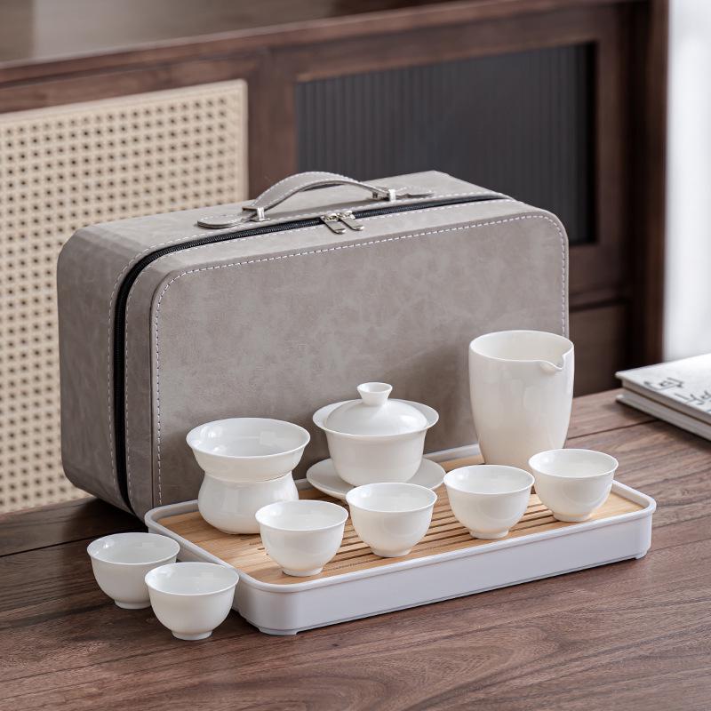 Jade White Porcelain Camping Travel Gongfu Tea Set with Tea Tray