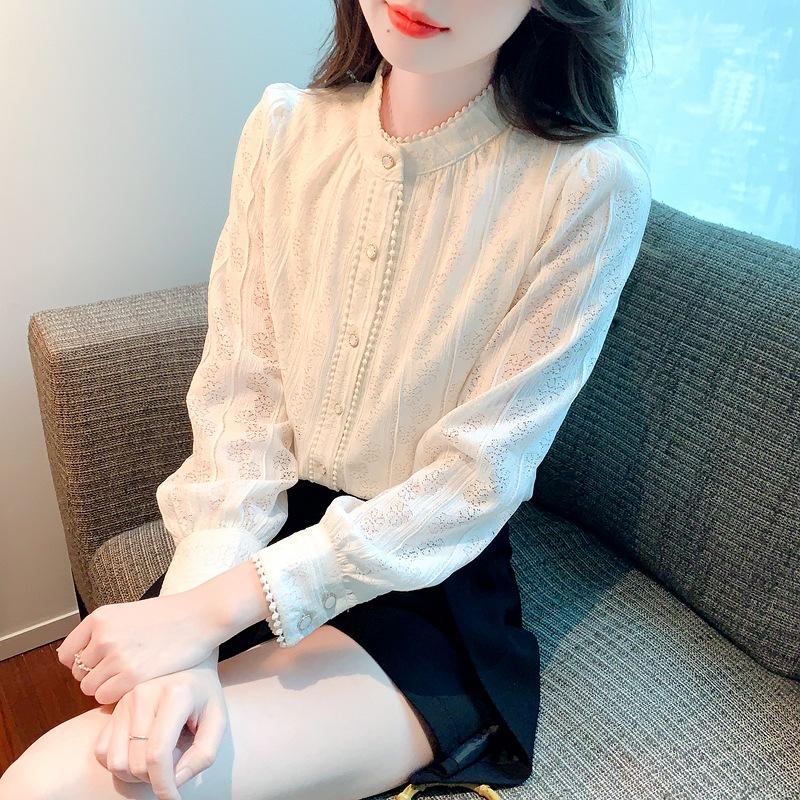 

Новая весенняя плюшевая плюшевая утолщенная стойка воротник буфы рукава низа кружевная рубашка для женщин Дизайн Ниш Топ 2XL