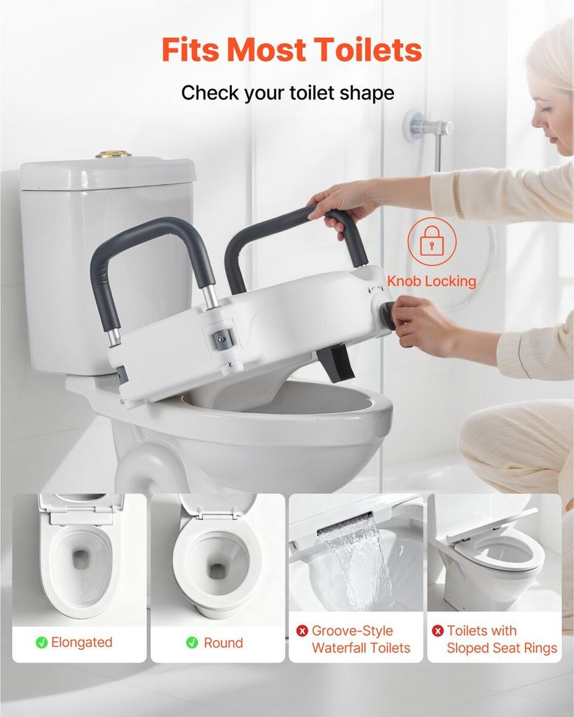 Raised Toilet Seat with Arms, 136.1 kg Load Capacity, 127 mm Lift Height, Widened Commode Elevated Toilet Seat Riser with Padded Handles for Seniors,