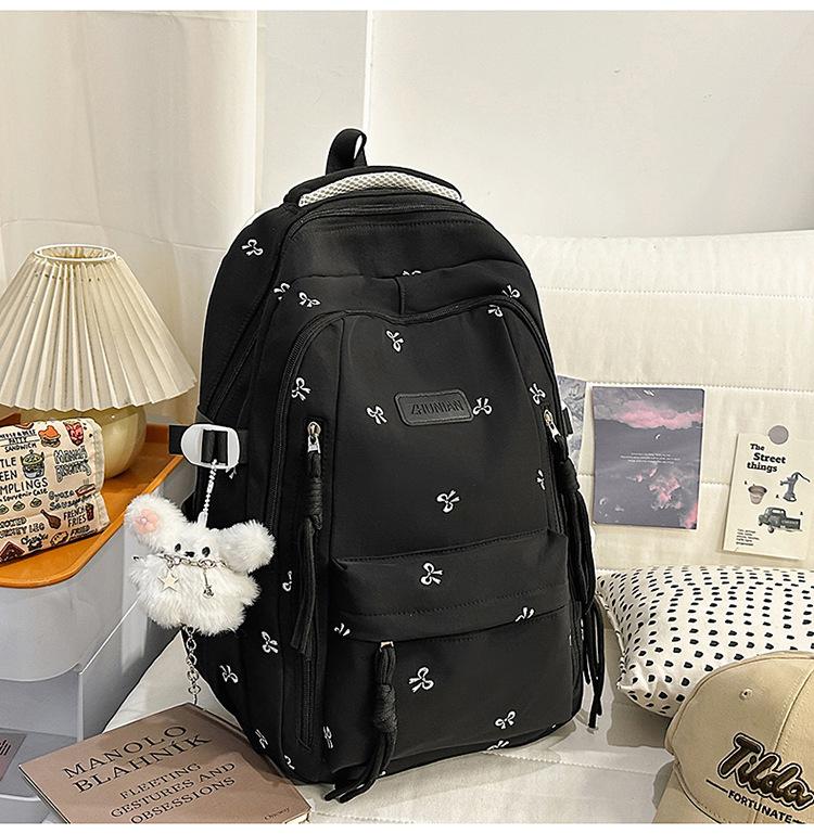 Schoolbag Cute Bow Embroidered Backpack Female Student Backpack Large Capacity Plush Pendant Elementary School Student Junior School Bag