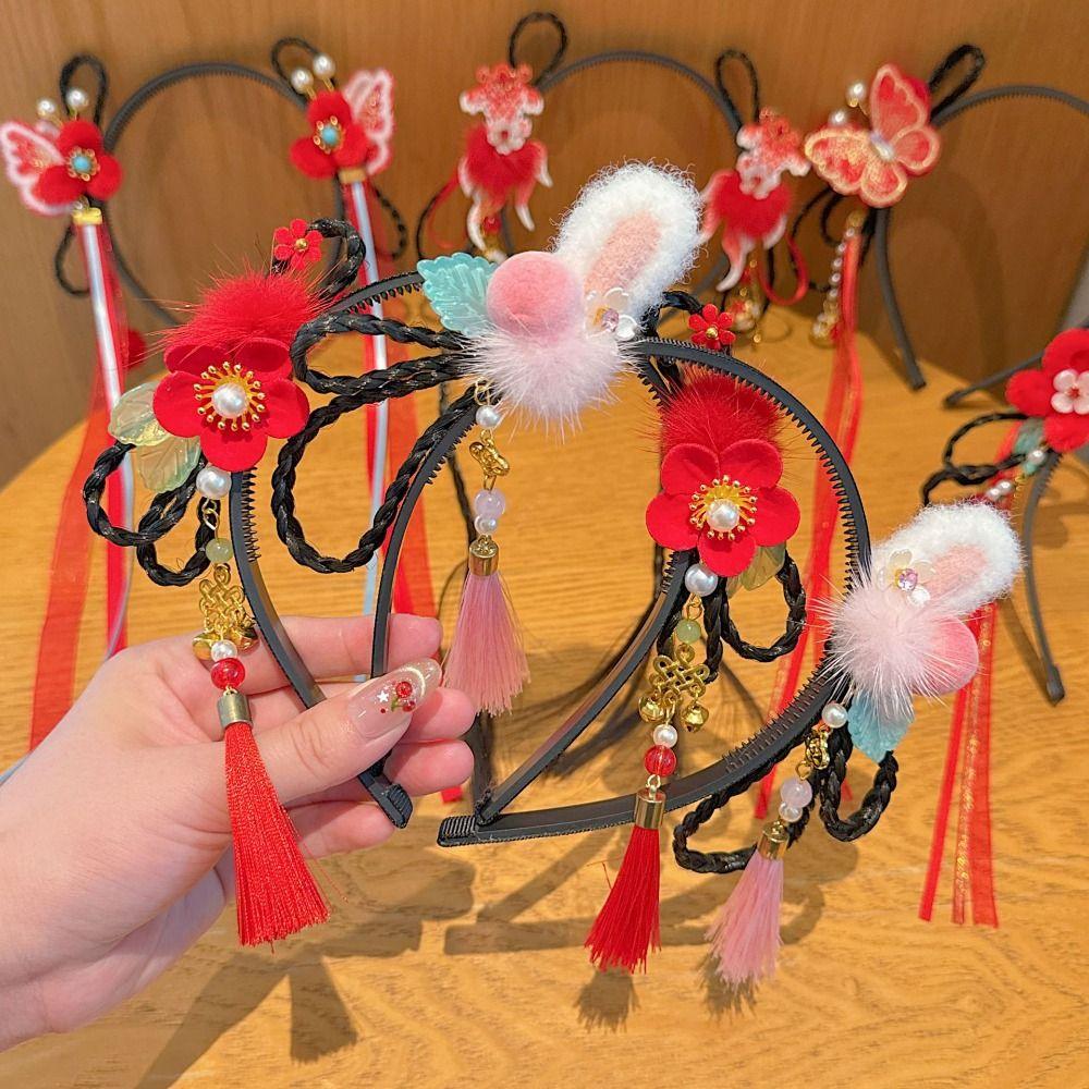 Flower Children Wig Headband Butterfly Hanfu Headwear Lovely Chinese New Year Headwear  Daily
