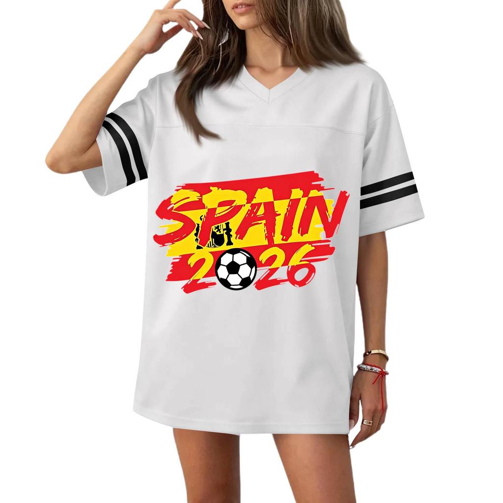Women V Neck Short Sleeve Relaxed Fit Soccer Graphic Tee Top with 2026 Flag Print Casual Sportswear Jersey Style